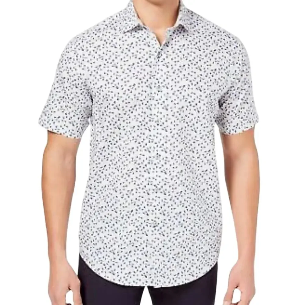 Tasso Elba Mens Shirt L White Blue Micro Paisley Short Sleeve Button Up Cotton